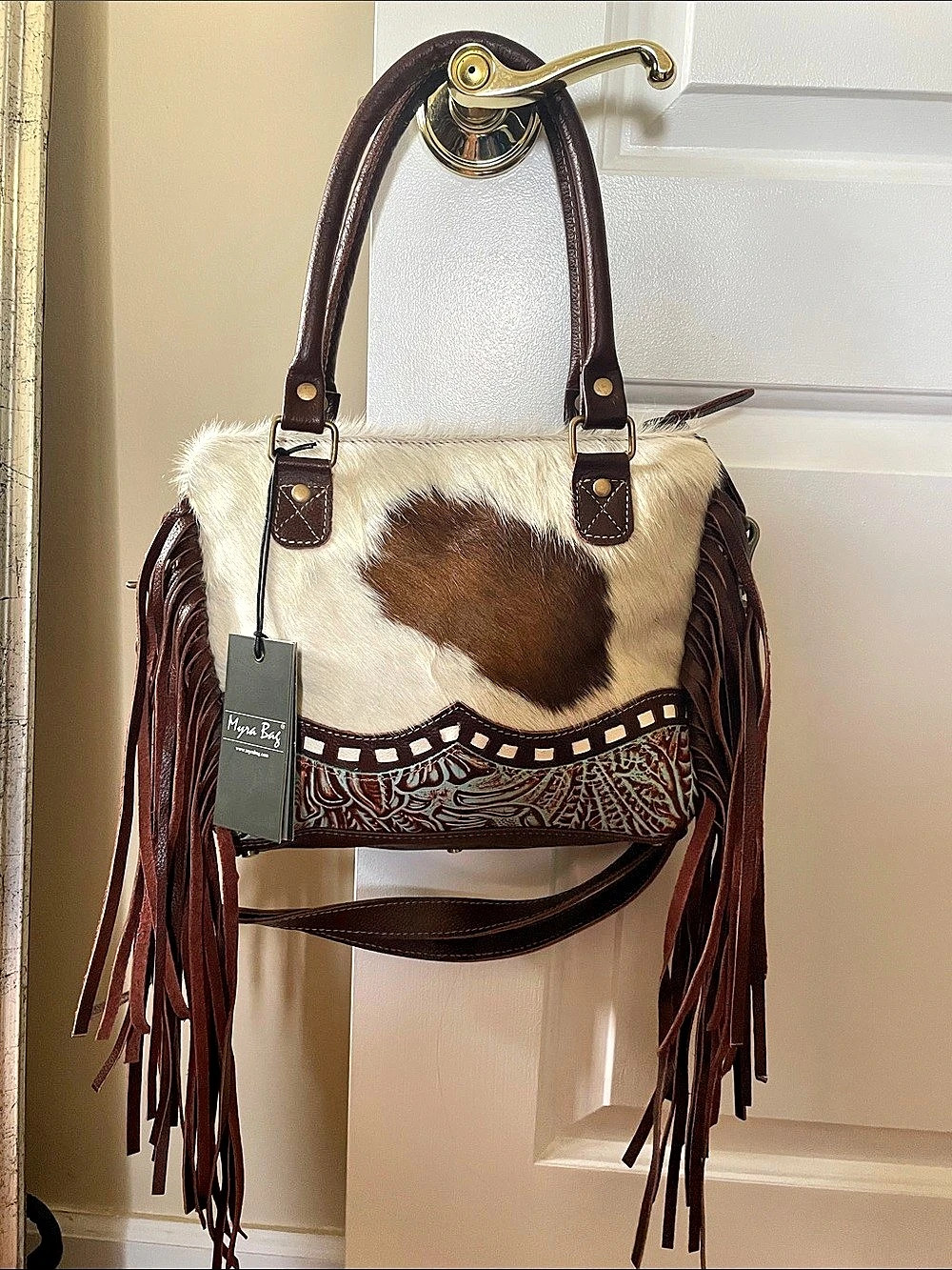 Myra Bag S-3348 Brown Freckle Brown Cowhide Fringe Shoulder Bag NWT